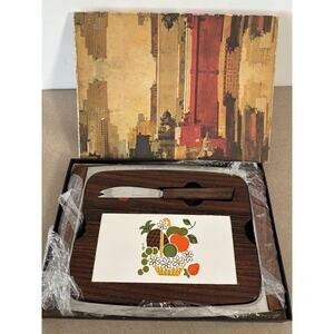 VTG 1960s MCM Japanese Ceramic Tile Cheese Tray Cutting Board Knife Original Box